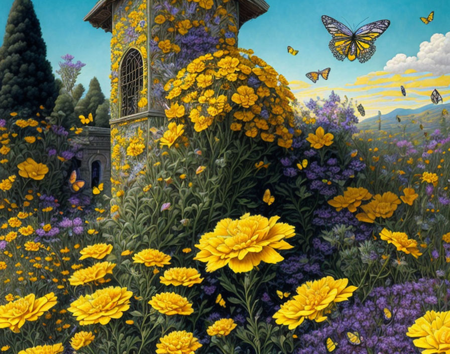 Yellow Flowers and Butterflies with Tower and Foliage Landscape