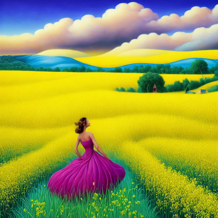 Woman in Purple Dress Surrounded by Yellow Fields and Rolling Hills