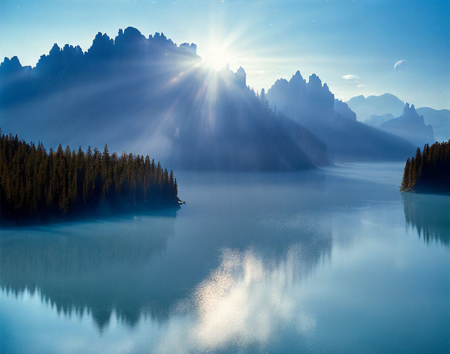 Scenic lake surrounded by forest and mountains under radiant sunburst