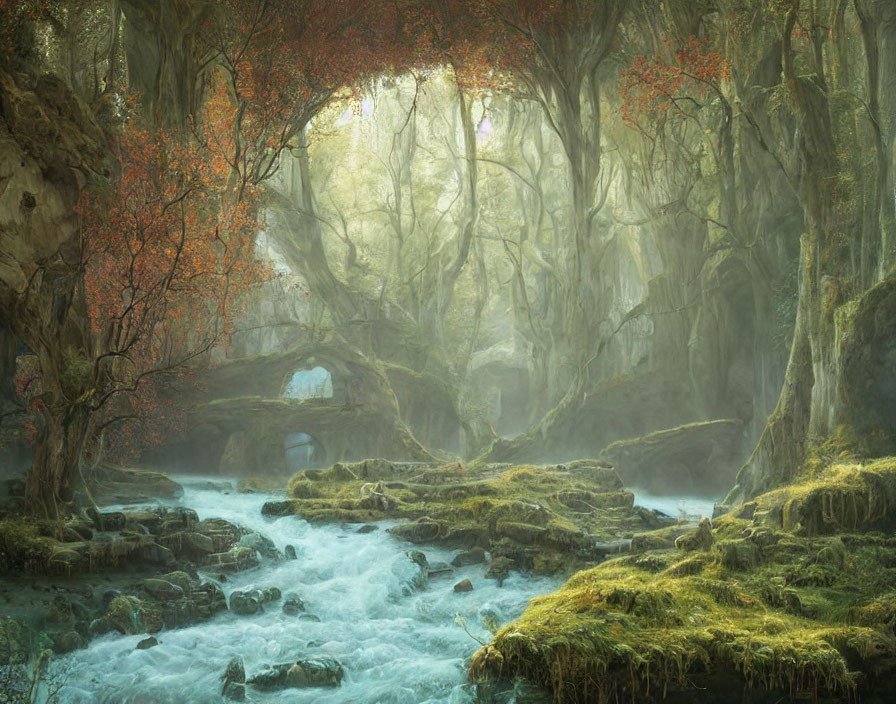 Ethereal forest scene with mist, stream, mossy rocks, autumn trees