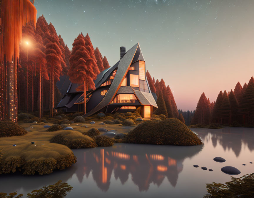 Modern A-frame house by tranquil lake at dusk, pine trees and reflections.