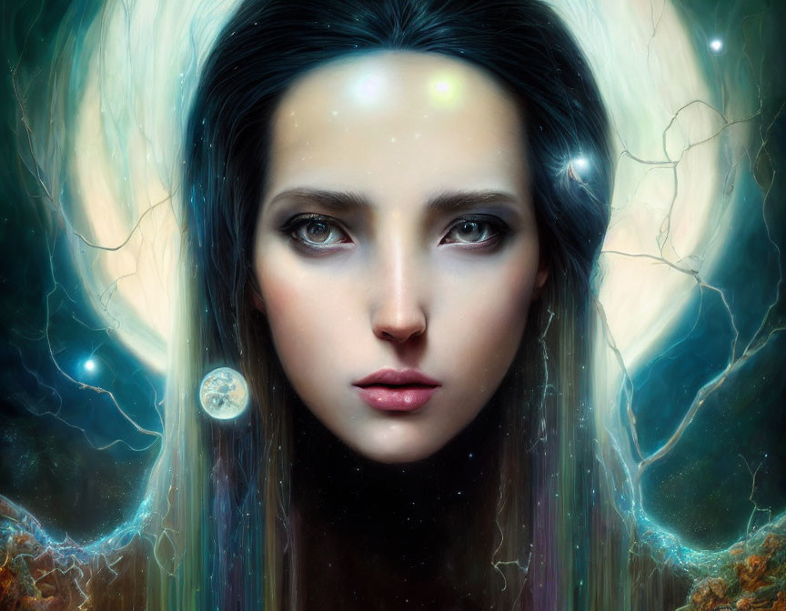 Surreal digital artwork featuring a cosmic-themed woman with planets and nebulae in her flowing hair