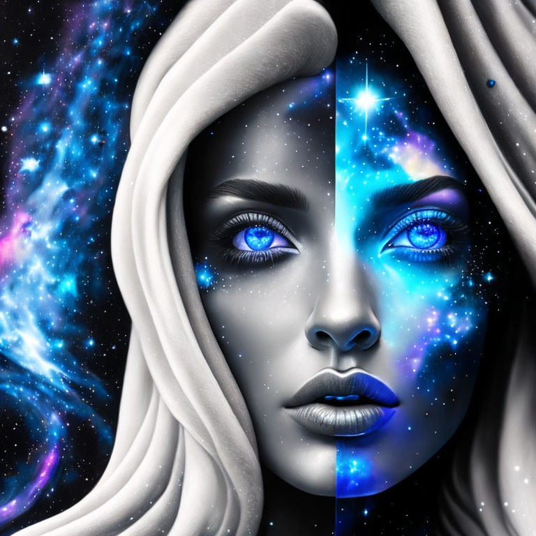 Split portrait of a woman: monochrome side, cosmic blue starry pattern on the other