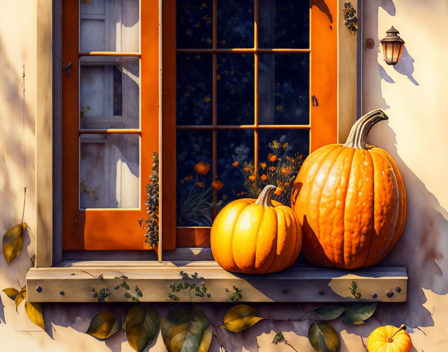 Autumn-themed window ledge with pumpkins, ivy, and orange door.