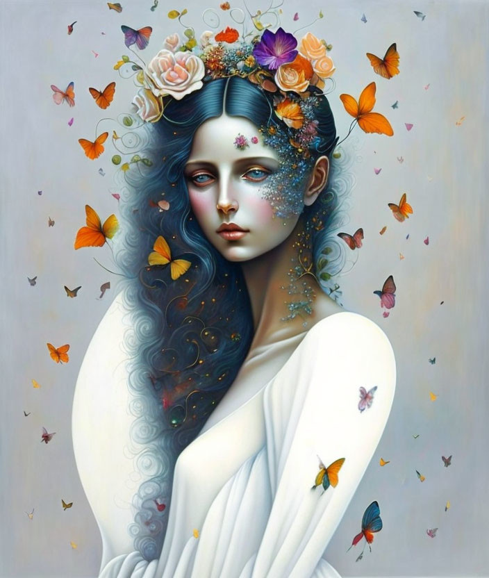 Surreal portrait of a woman with blue hair, flowers, and butterflies