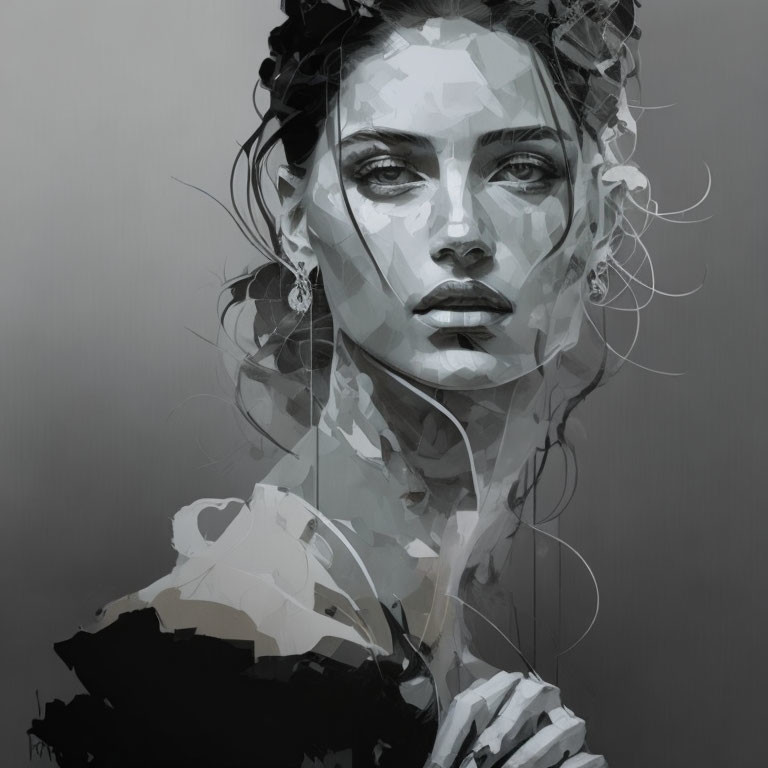 Intense gaze in monochromatic digital portrait with abstract brush strokes