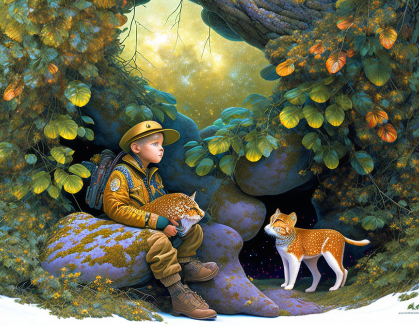 Scout boy with backpack sits by spotted fox in lush forest at night