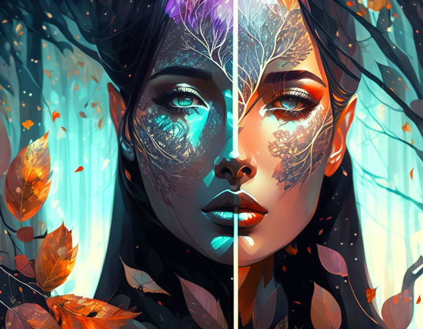 Split portrait of woman with winter and autumn motifs.