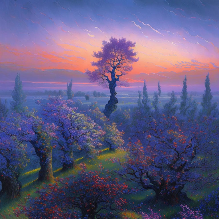 Twilight landscape with blooming flowers and solitary tree