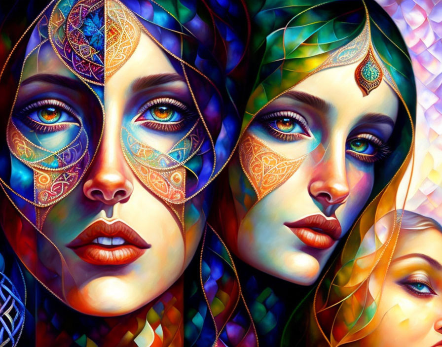 Vibrant geometric patterns adorn four women in colorful artwork