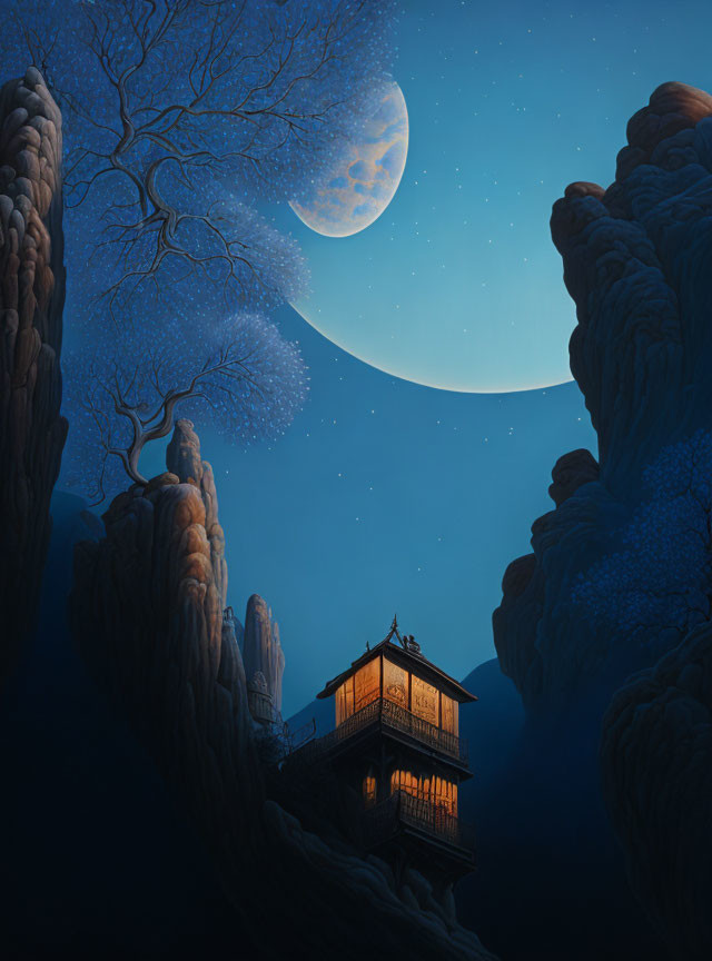 Full Moon Night Scene: Bare Trees, Pavilion on Cliffs