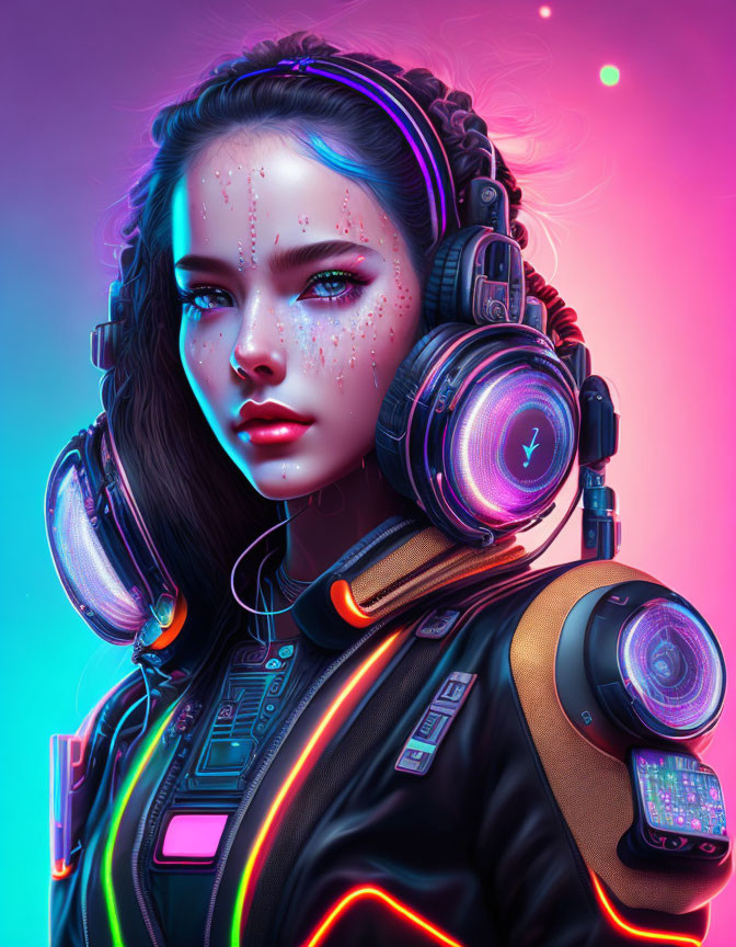 Futuristic digital artwork of a woman with neon lighting and tech attire