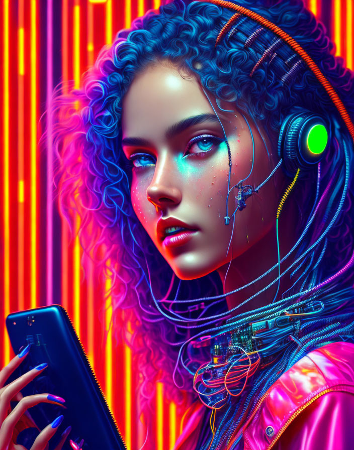 Colorful digital artwork: woman with blue curly hair, headphones, device, neon lights.