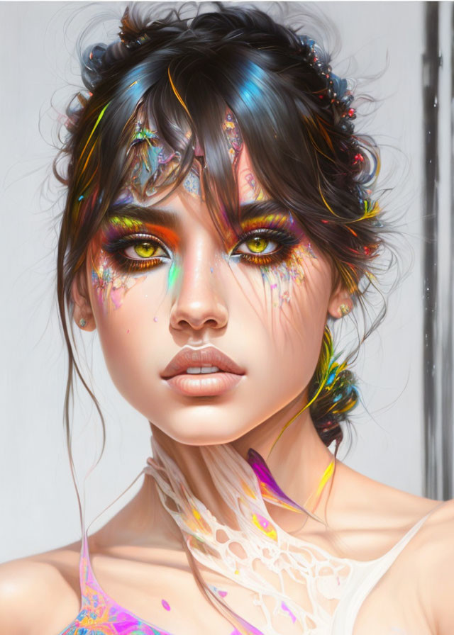 Colorful makeup digital artwork of a captivating woman with whimsical vibe