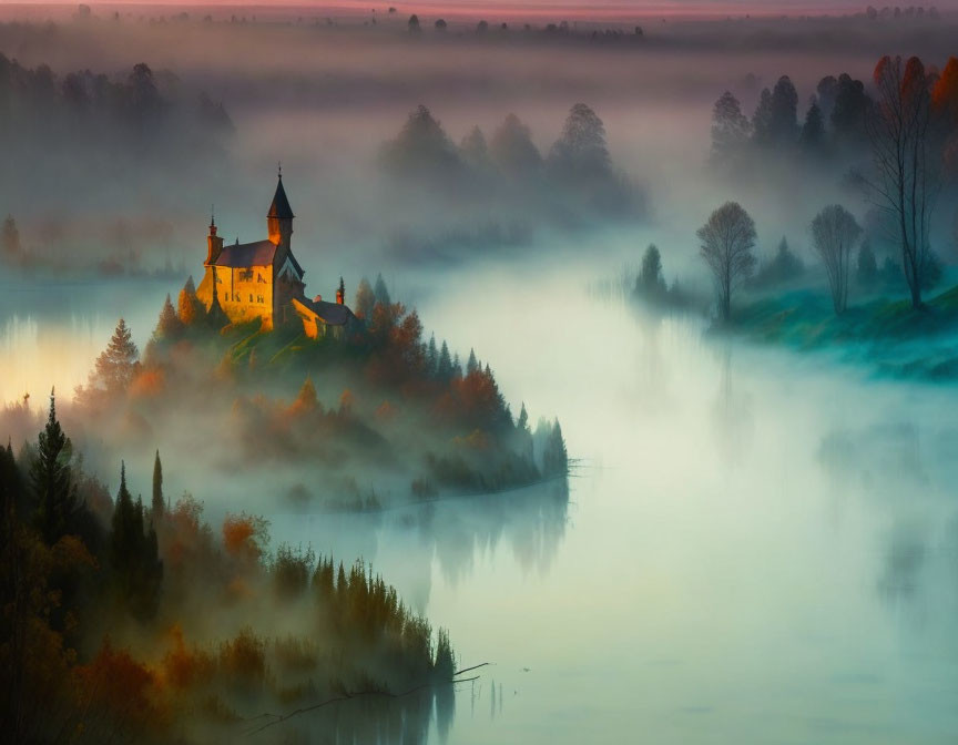 Misty dawn landscape with castle, autumn trees, and serene river