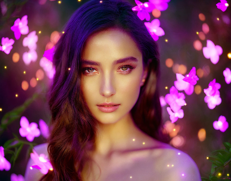 Woman's portrait with captivating eyes in pink lights and green foliage