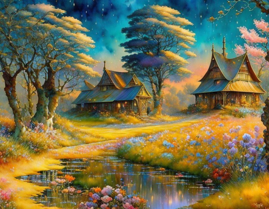 Colorful landscape with whimsical cottages, blooming flowers, serene pond, and fantastical trees