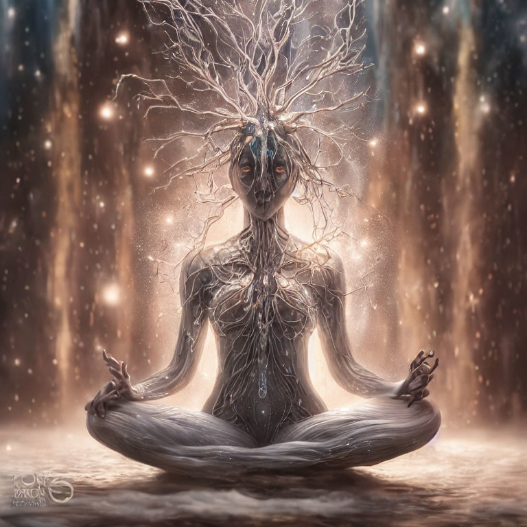 Mystical figure meditating with tree branches, ethereal light, sparkles