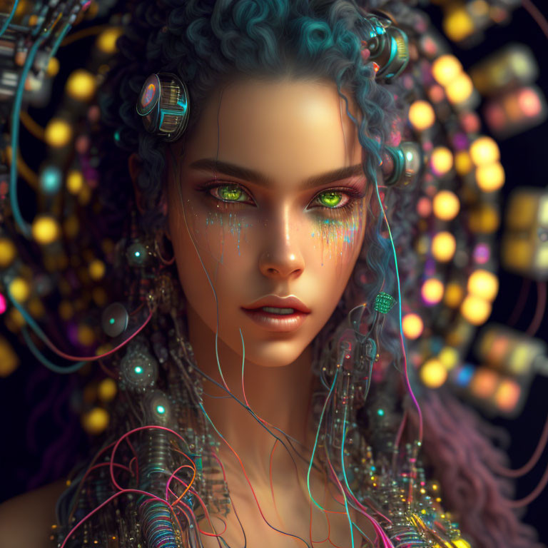 Digital art portrait of woman with vibrant green eyes and futuristic cybernetic enhancements.