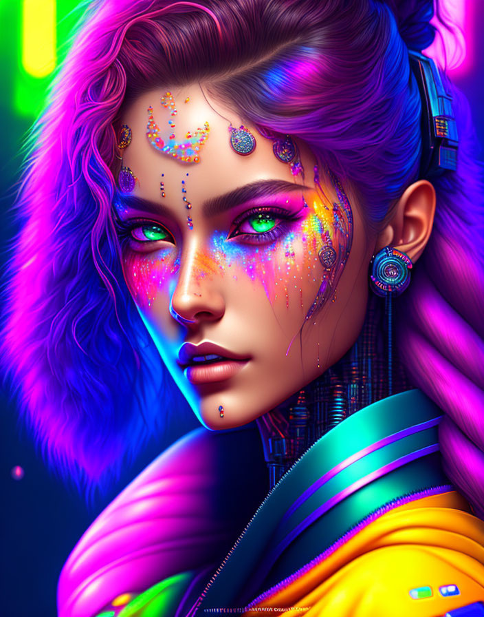 Colorful makeup and futuristic attire in vibrant digital portrait