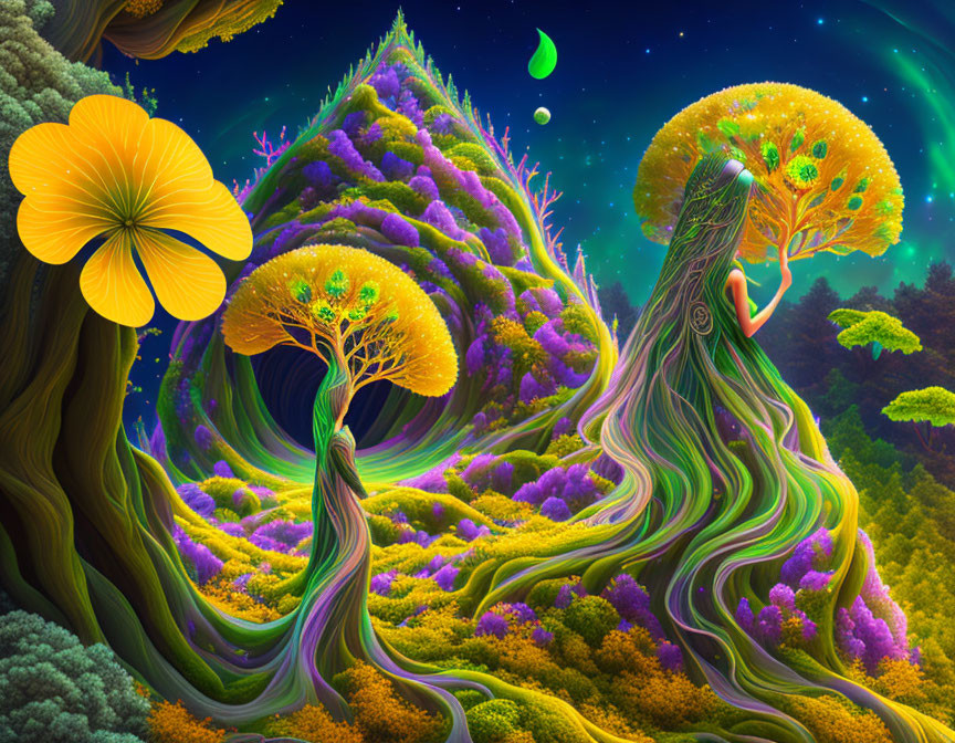 Whimsical forest digital art with female tree figures & oversized flowers