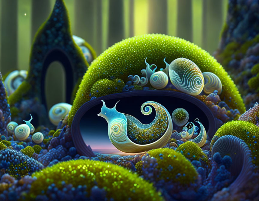 Colorful Fantasy Snail Village in Lush Forest Landscape