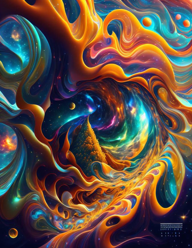 Abstract cosmic image with swirling blue, orange, and gold patterns