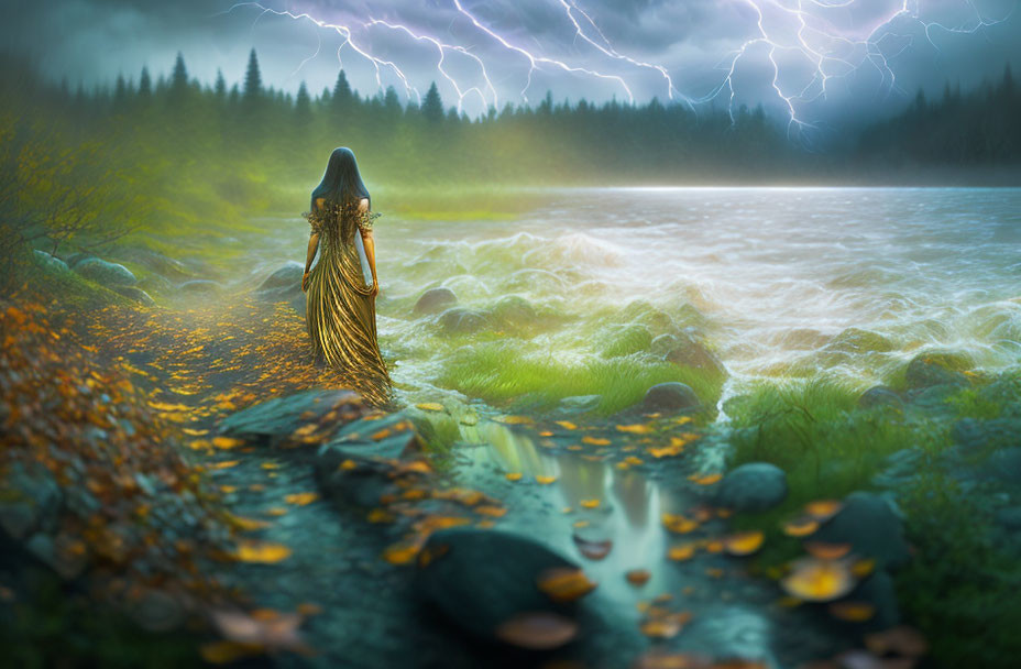 Cloaked Figure by Tumultuous River with Lightning in Vivid Landscape