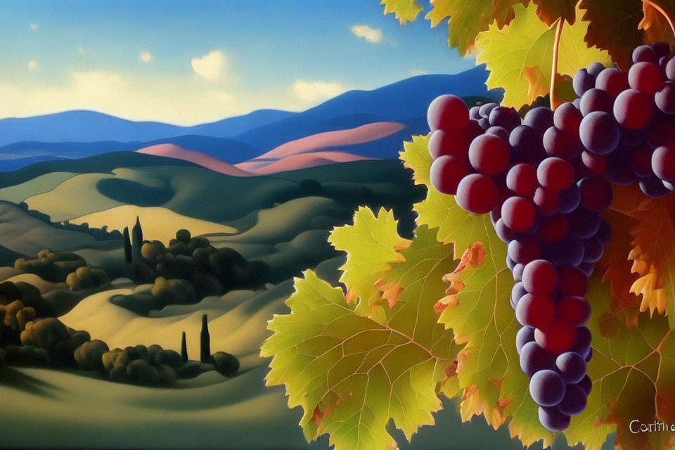 Vibrant vineyard painting with lush grapes and rolling hills