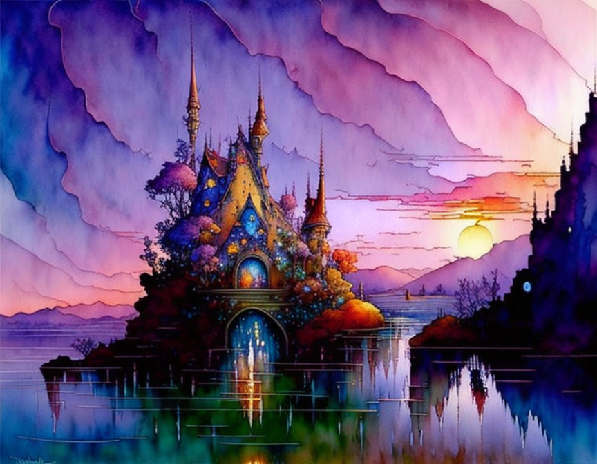 Fantastical castle watercolor painting at sunset with vivid purples and blues