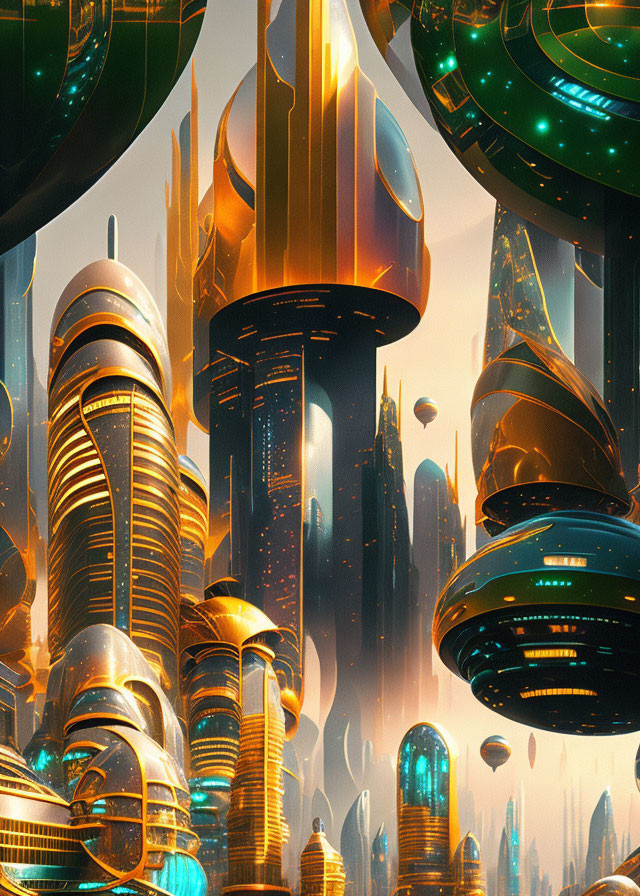 Futuristic cityscape with towering skyscrapers and flying vehicles in golden skies