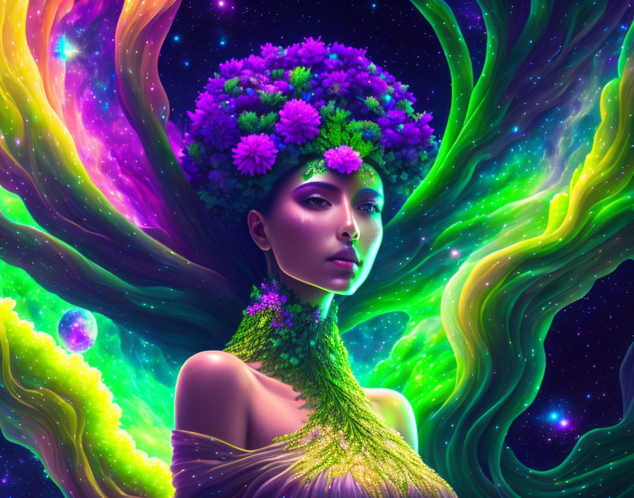 Surreal portrait of woman with flower crown in cosmic setting