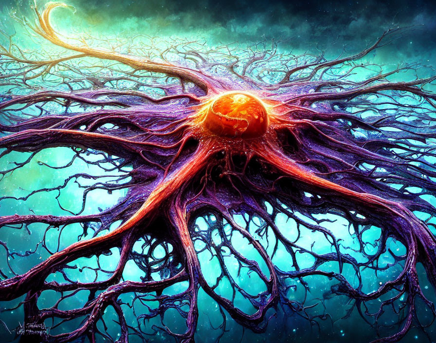 Colorful Octopus with Intricate Tentacles on Blue-Green Space Backdrop