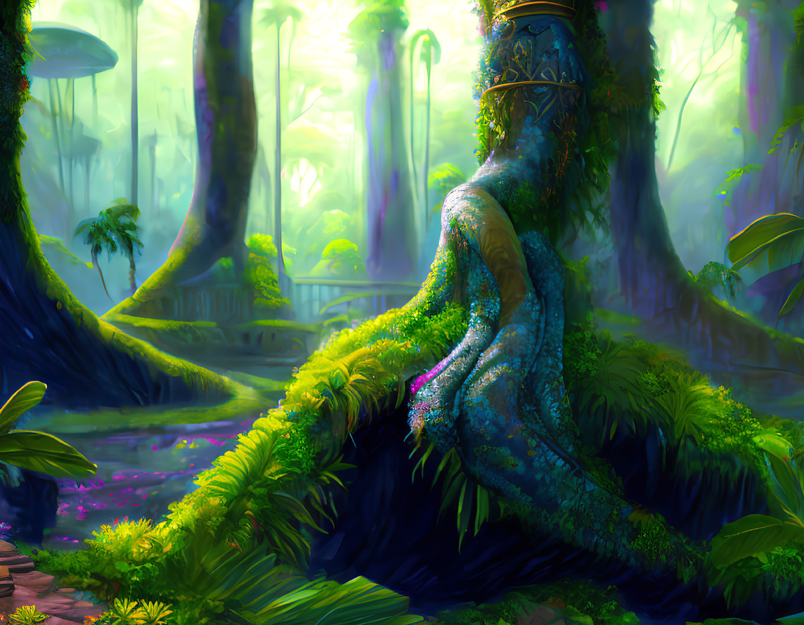 Ethereal blue creature in lush, sunlit forest