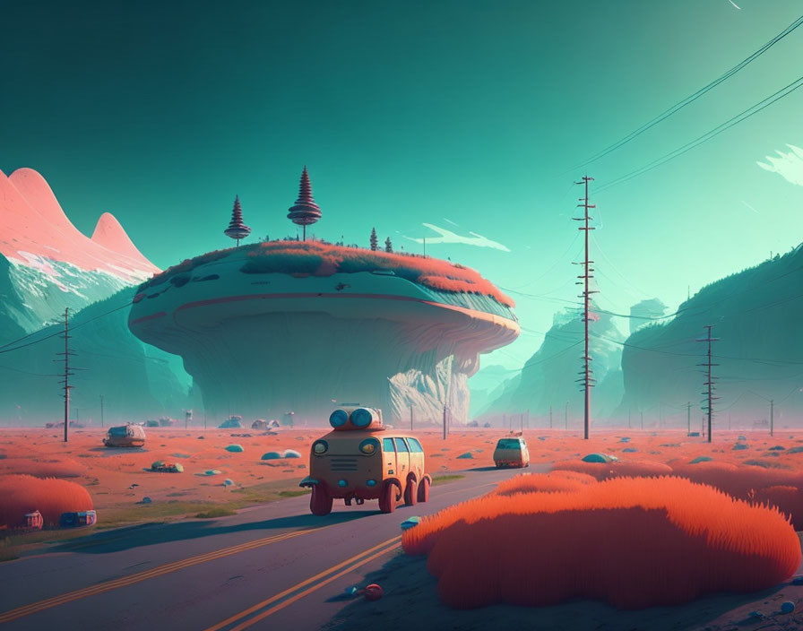 Alien landscape with floating islands and retro-futuristic cars