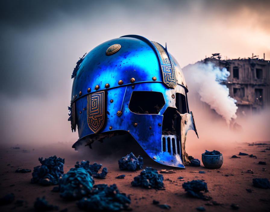 Futuristic blue helmet emitting smoke on gritty sandy terrain