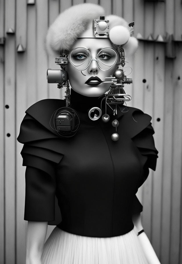 Monochromatic image of woman in futuristic headset with multiple lenses and attachments