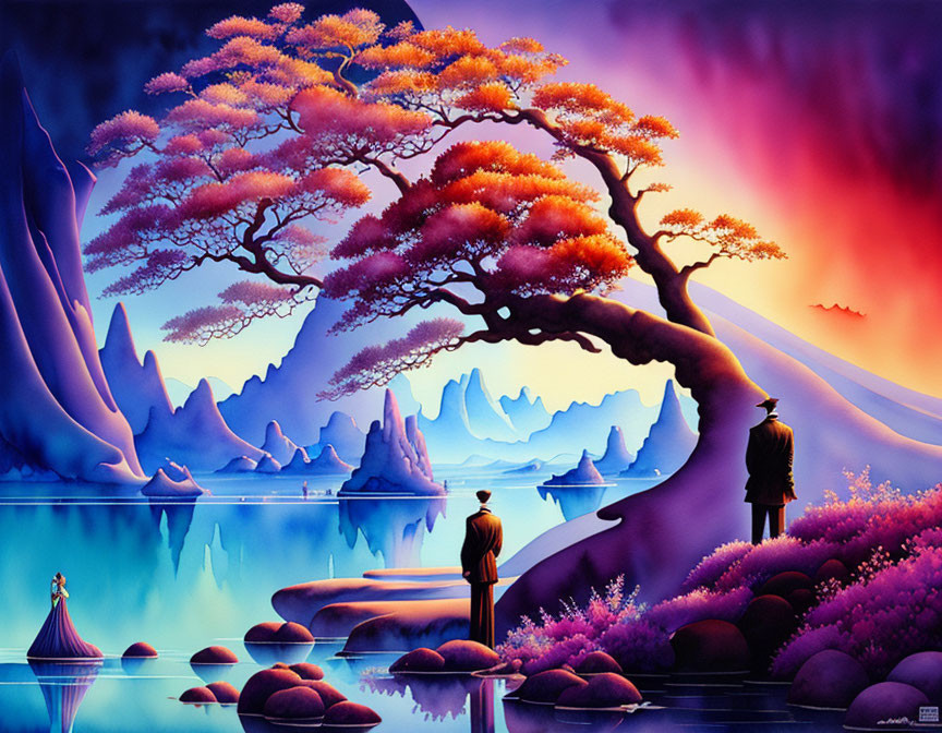 Colorful artwork: man on stepping stones, lady in boat, surreal landscape.