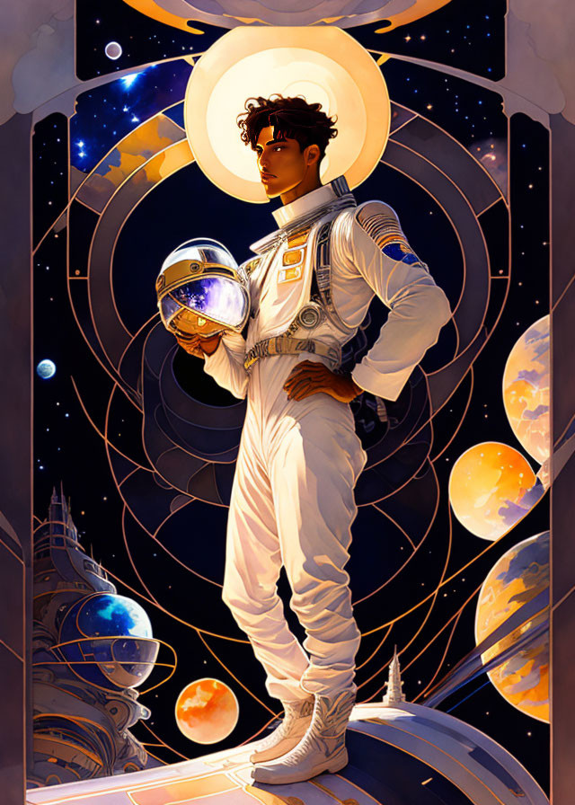 Illustrated astronaut with halo holding helmet in space scene