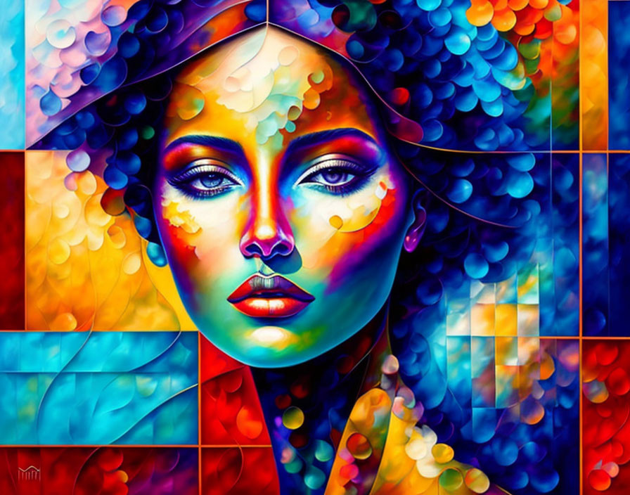 Colorful stylized portrait of a woman with mosaic patterns in blues, oranges, and reds