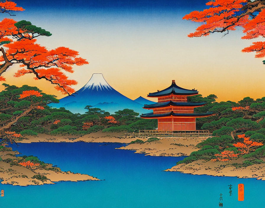 Japanese landscape: Mount Fuji, red pagoda, autumn trees, and blue lake