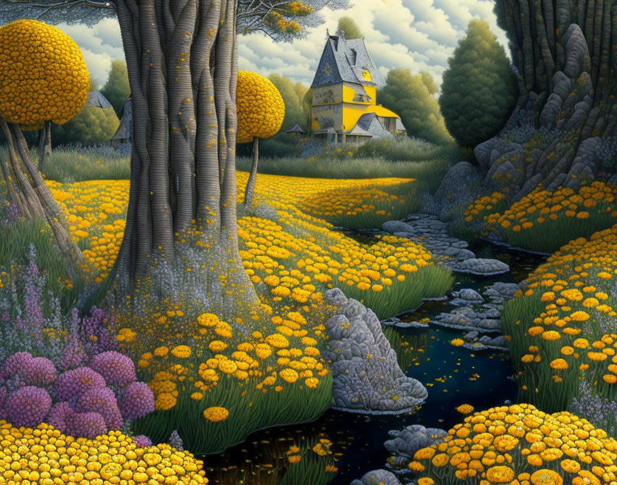 Whimsical yellow house in vibrant flower field with trees and stream