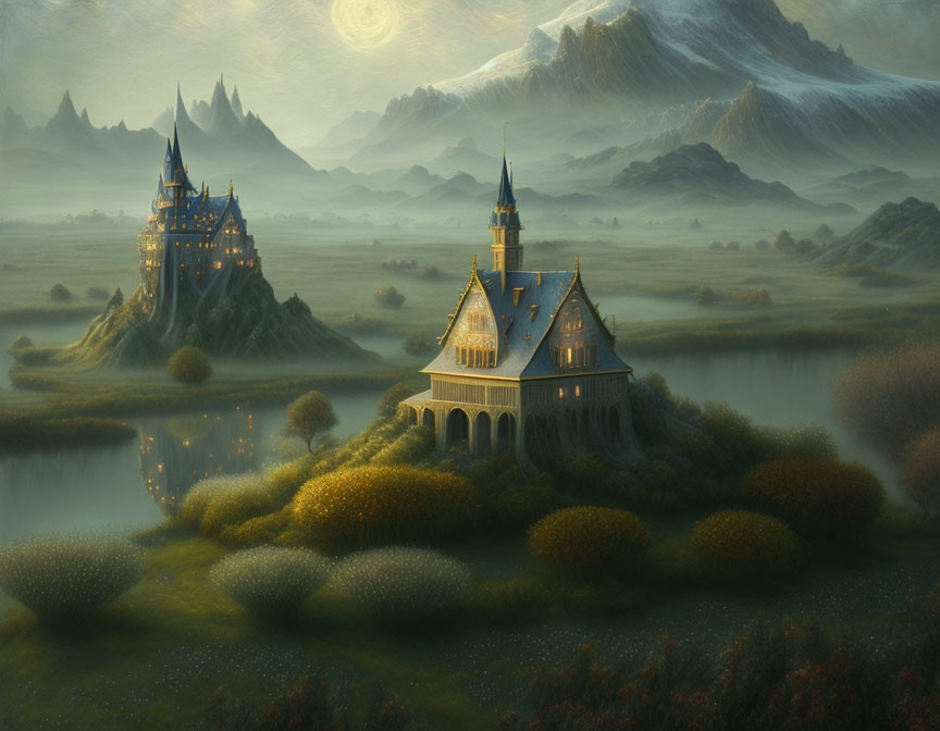 Misty fantasy landscape with illuminated castles and mountains