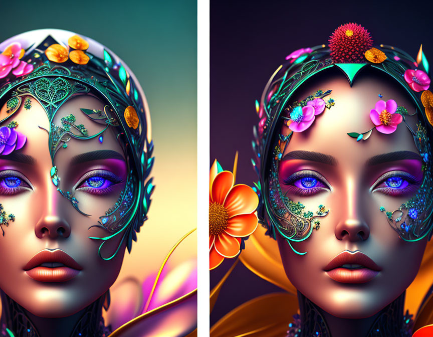 Vibrant floral headpieces on digital woman portraits against colorful backgrounds