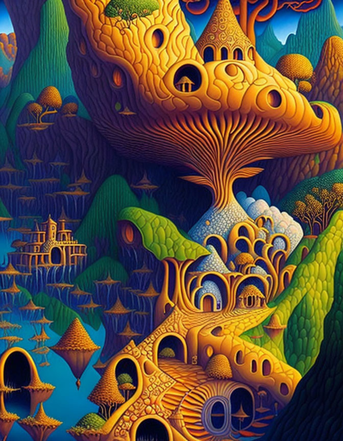 Colorful surreal landscape with mushroom-like structures and whimsical architecture.