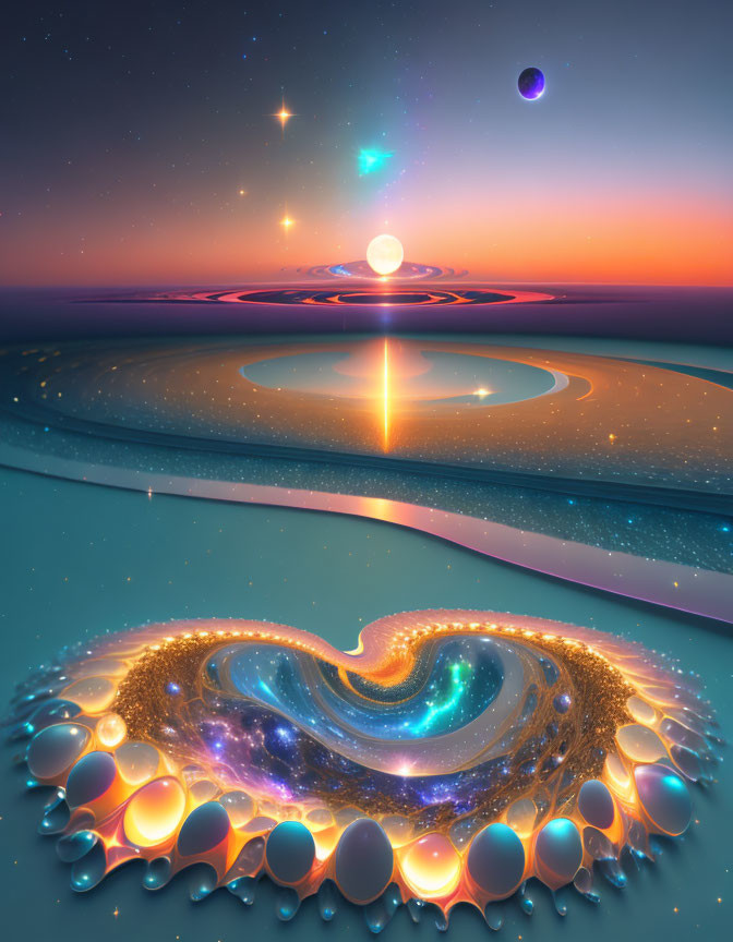 Surreal landscape with glowing galaxy portal and luminous orbs