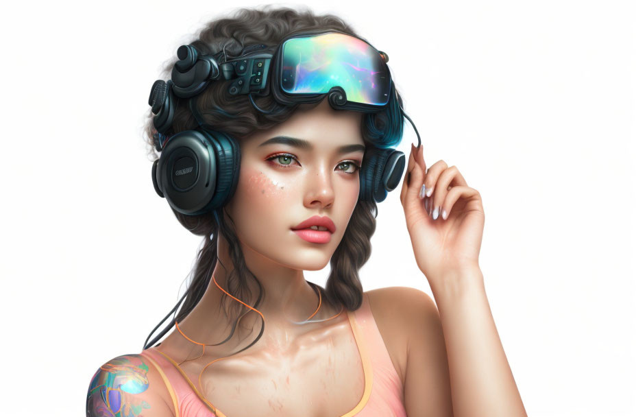 Digital artwork: Woman with tattoos in VR headset & headphones