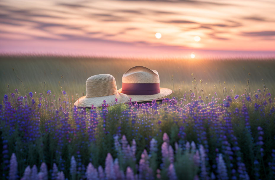 Lavender Field Sunset Scene with Two Hats