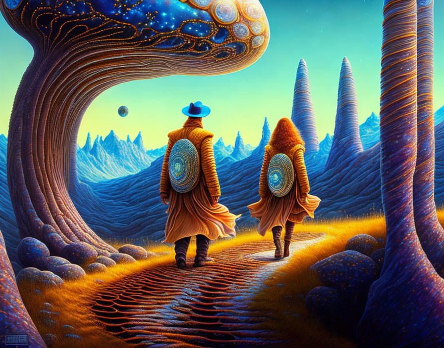 Fantastical artwork: Two figures in shell-like cloaks walking towards mountains under a sky with a