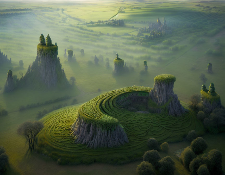 Mystical landscape with terraced hills, spiral patterns, rock formations, lush greenery, and